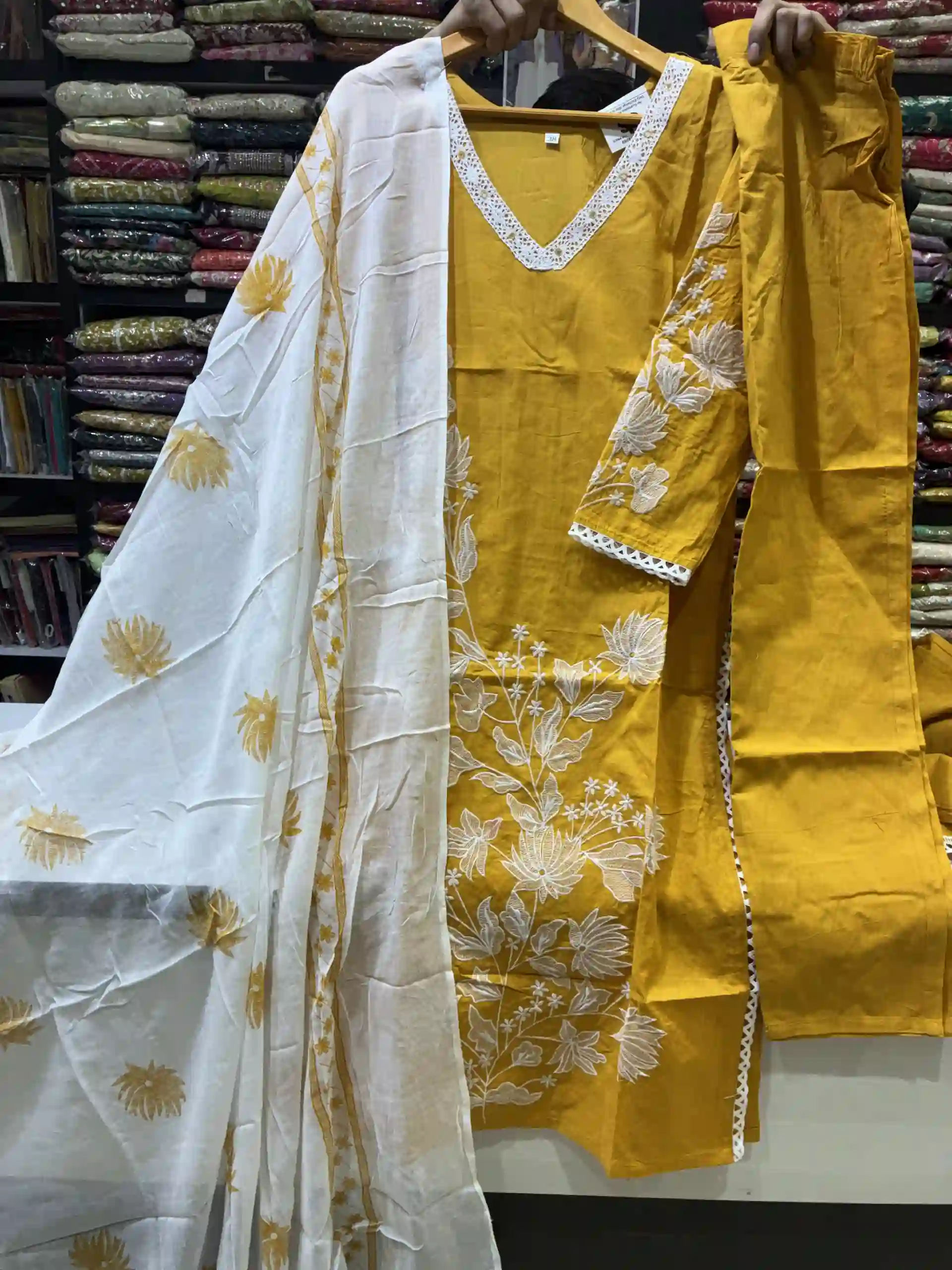 Mustard Yellow Cotton Kurta Set with Scalloped Lace