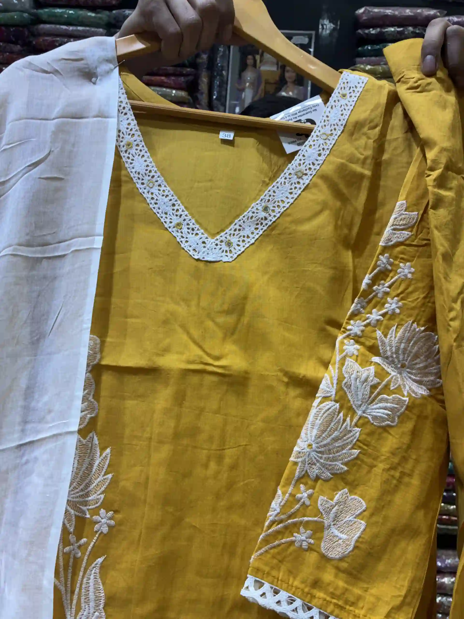 Mustard Yellow Cotton Kurta Set with Scalloped Lace