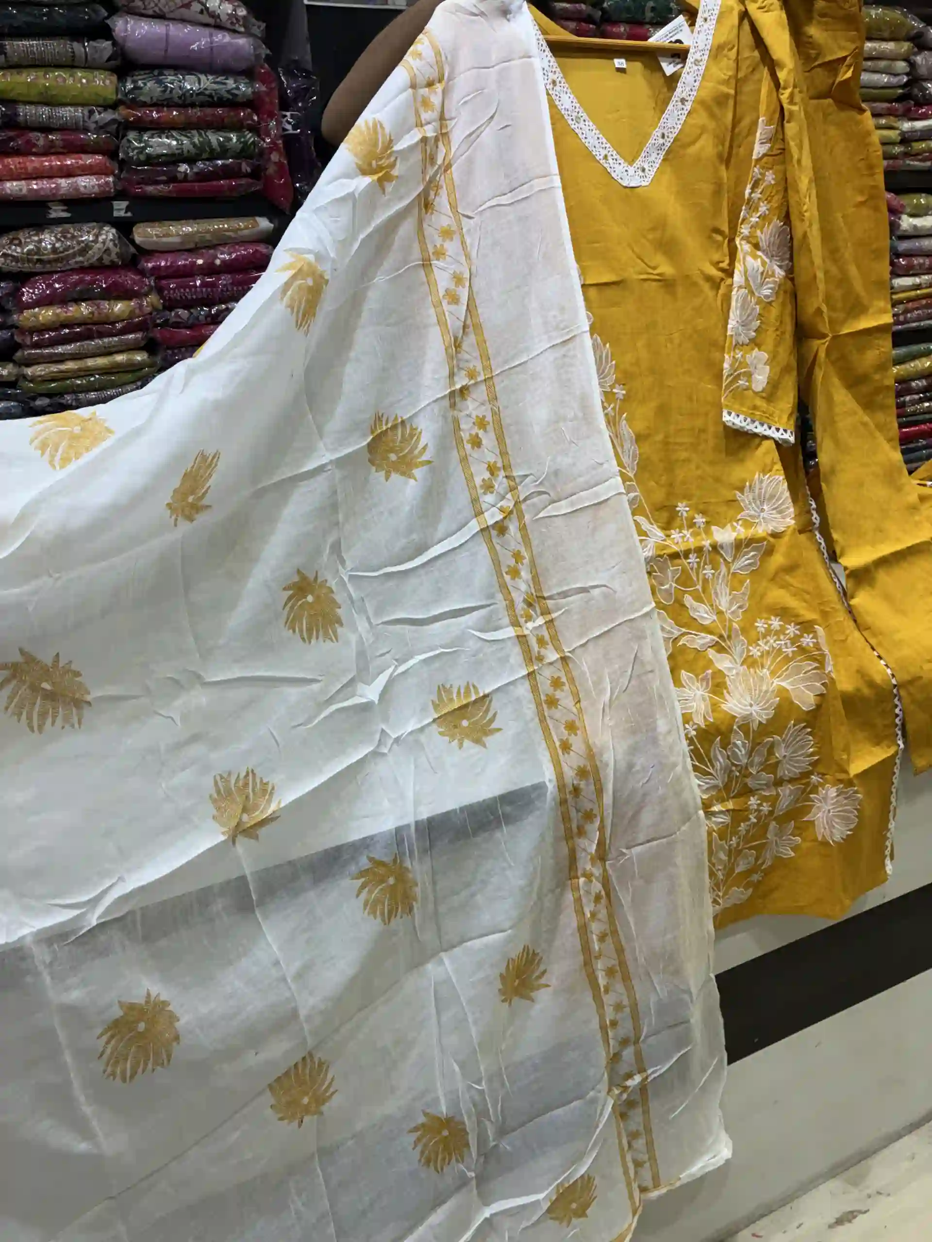 Mustard Yellow Cotton Kurta Set with Scalloped Lace