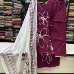 Deep Wine Cotton Suit Set with White Floral Beadwork