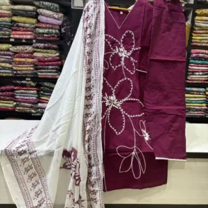 Deep Wine Cotton Suit Set with White Floral Beadwork