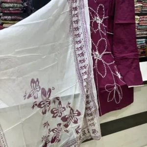 Deep Wine Cotton Suit Set with White Floral Beadwork