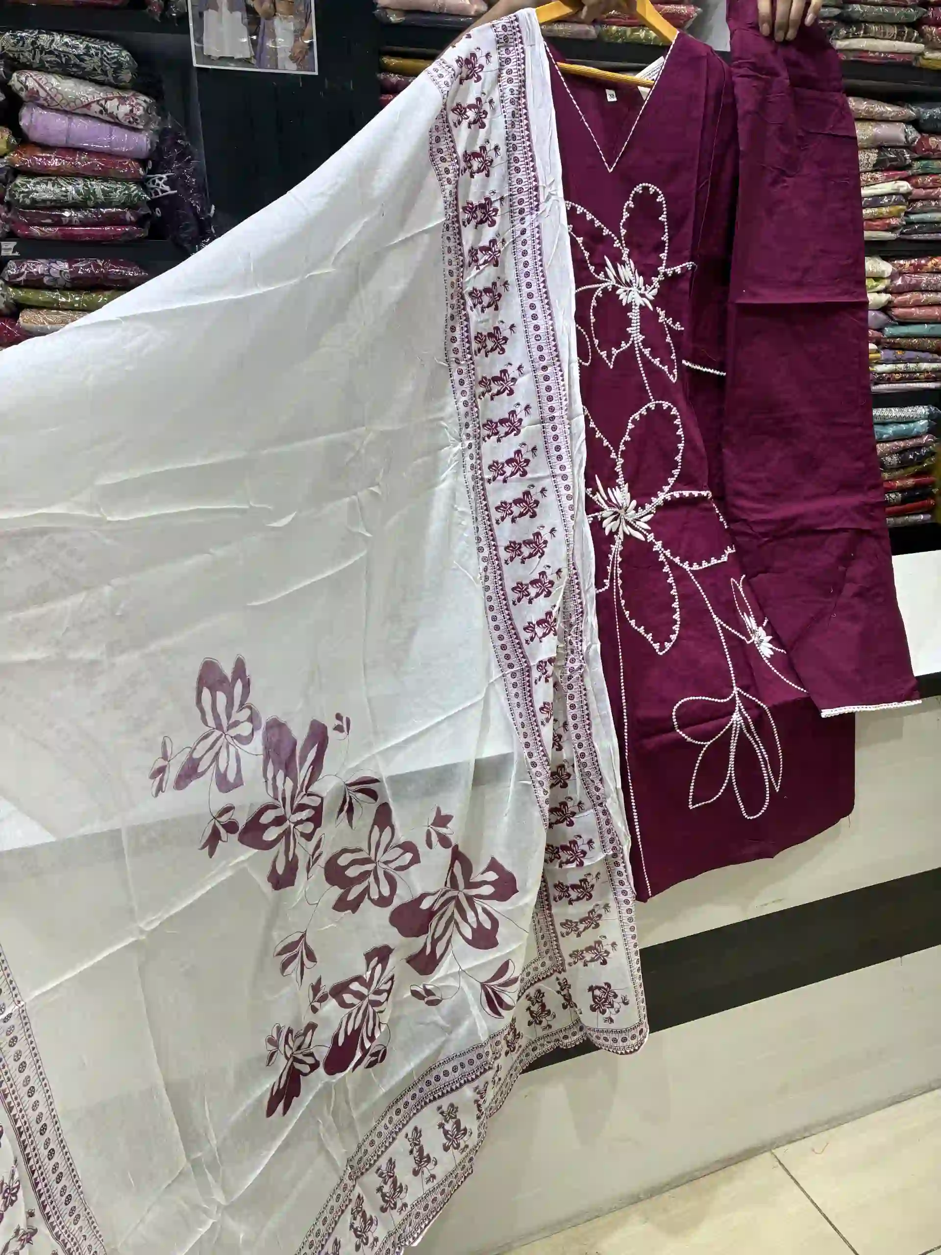 Deep Wine Cotton Suit Set with White Floral Beadwork