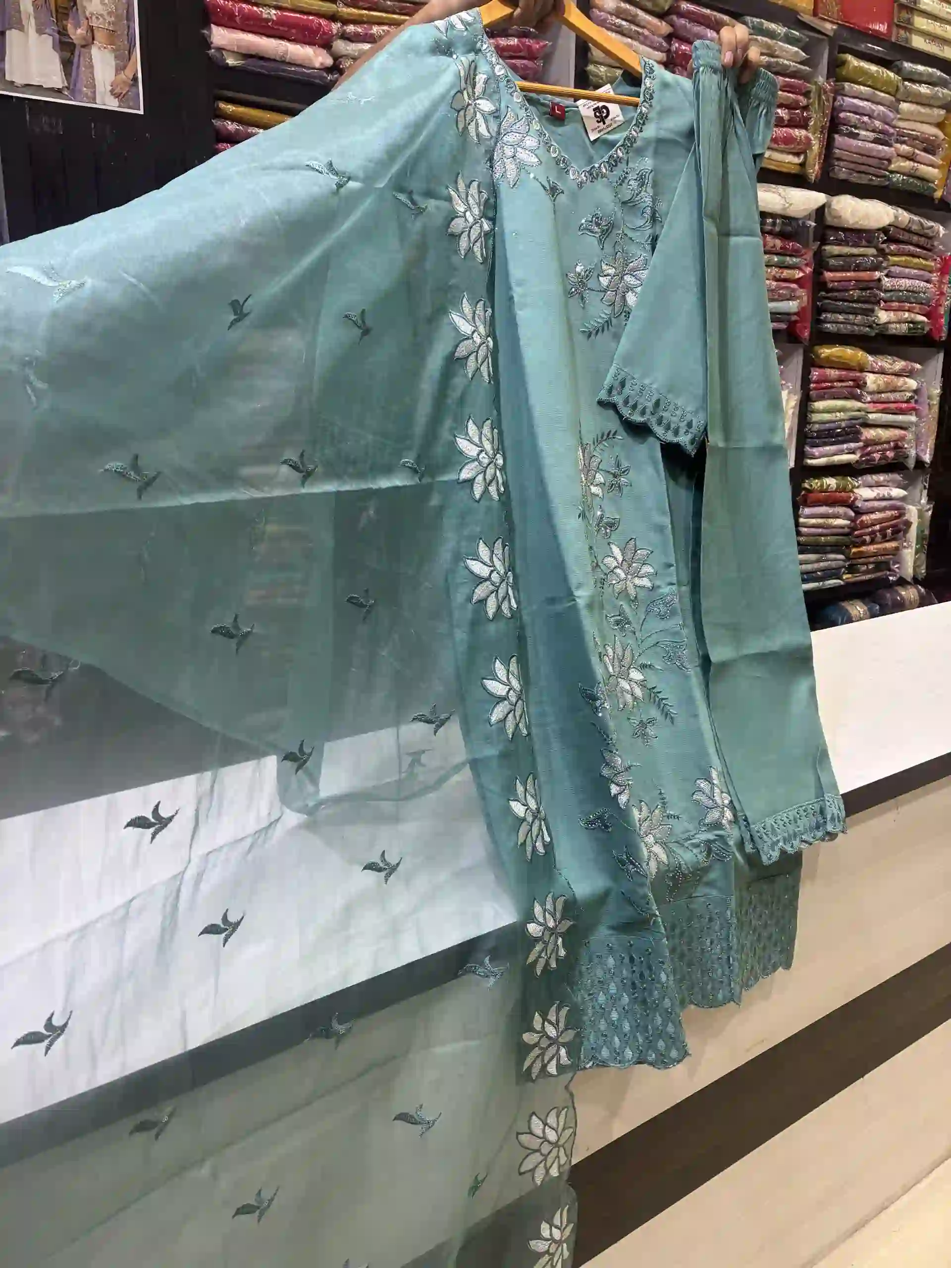 Seafoam Green Organza-Detailed 3-Piece Salwar Suit-1