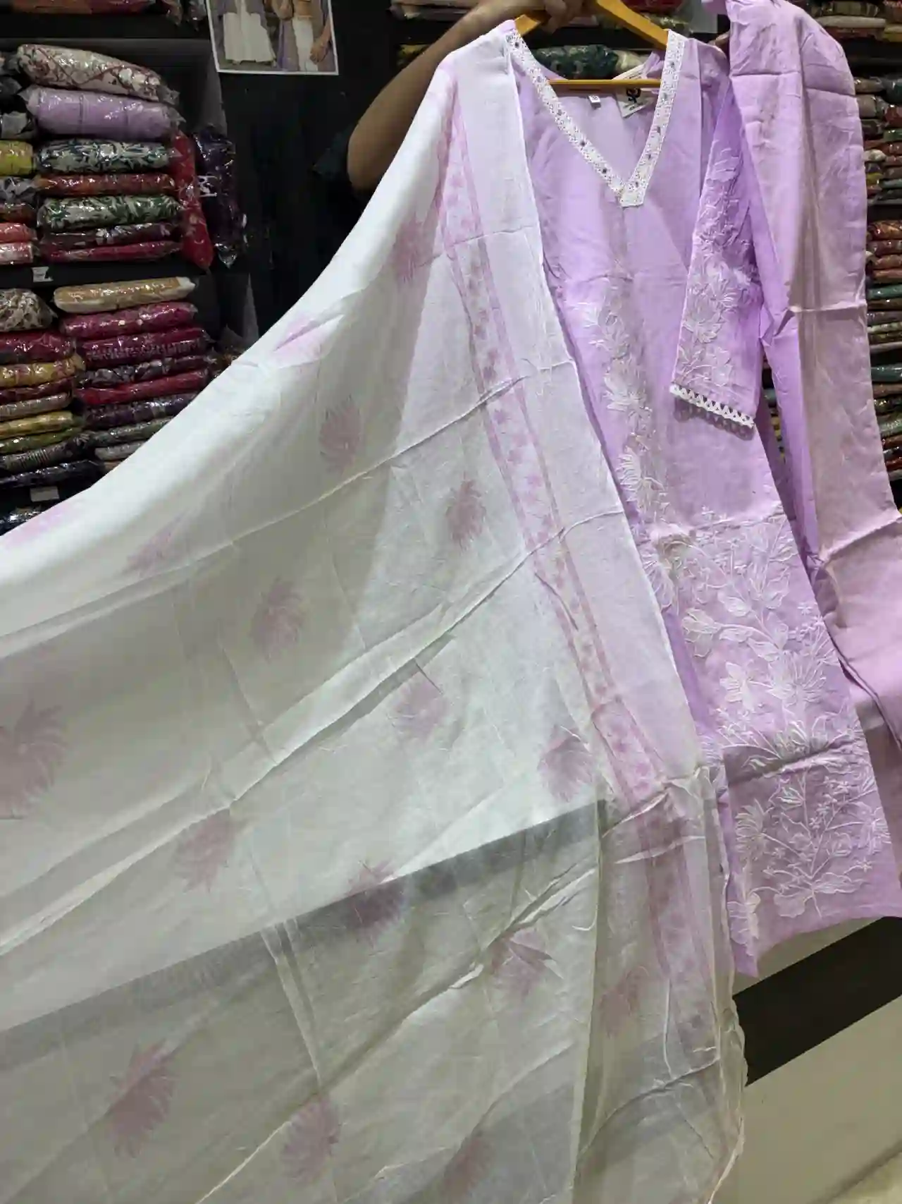 Lavender Bloom Floral Embroidered Suit Set with Printed Dupatta