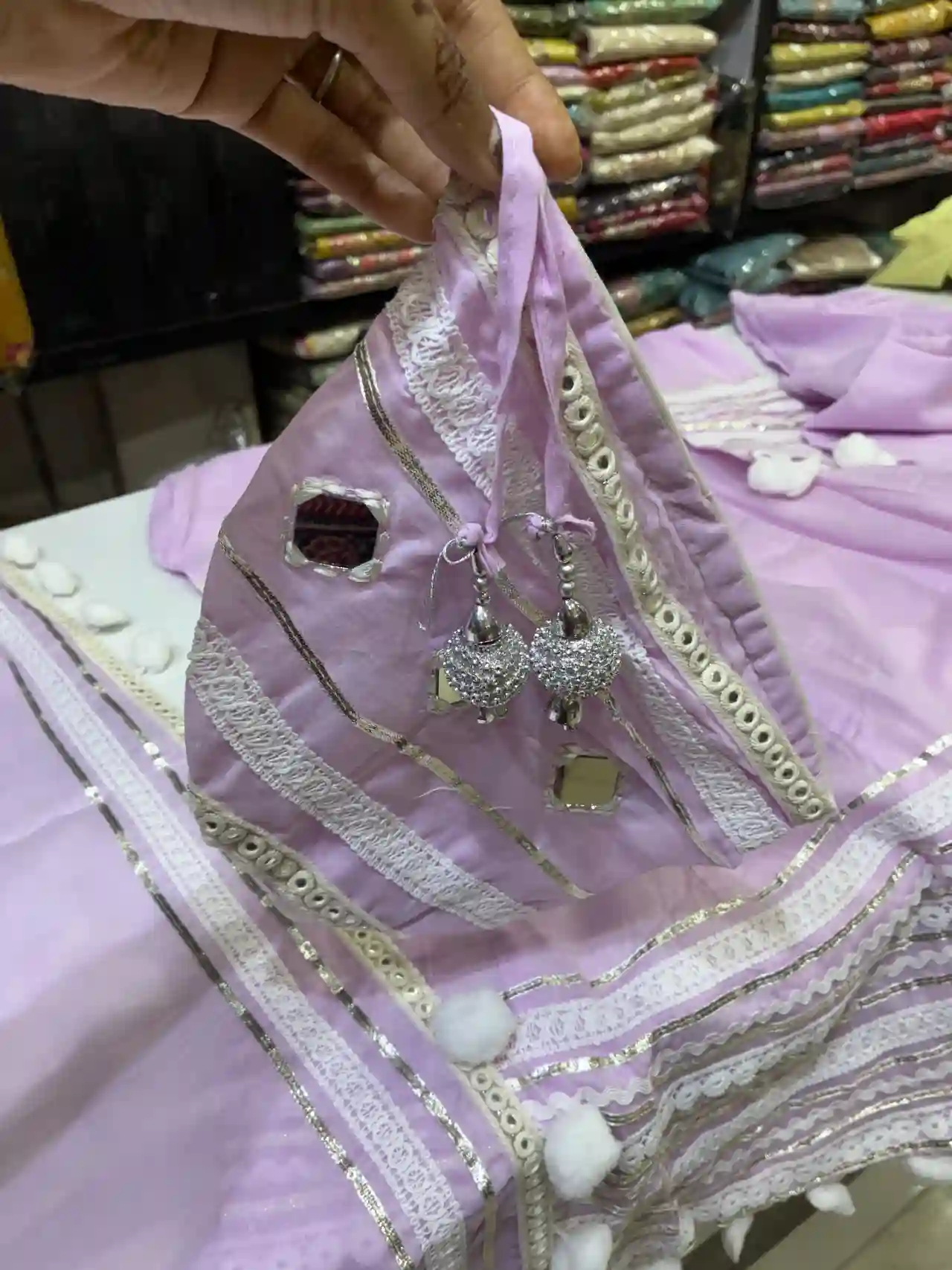 Lavender Lilac Cotton Kurta Set with Mirror Work & Pom-Pom Lace