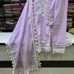Lavender Lilac Cotton Kurta Set with Mirror Work & Pom-Pom Lace