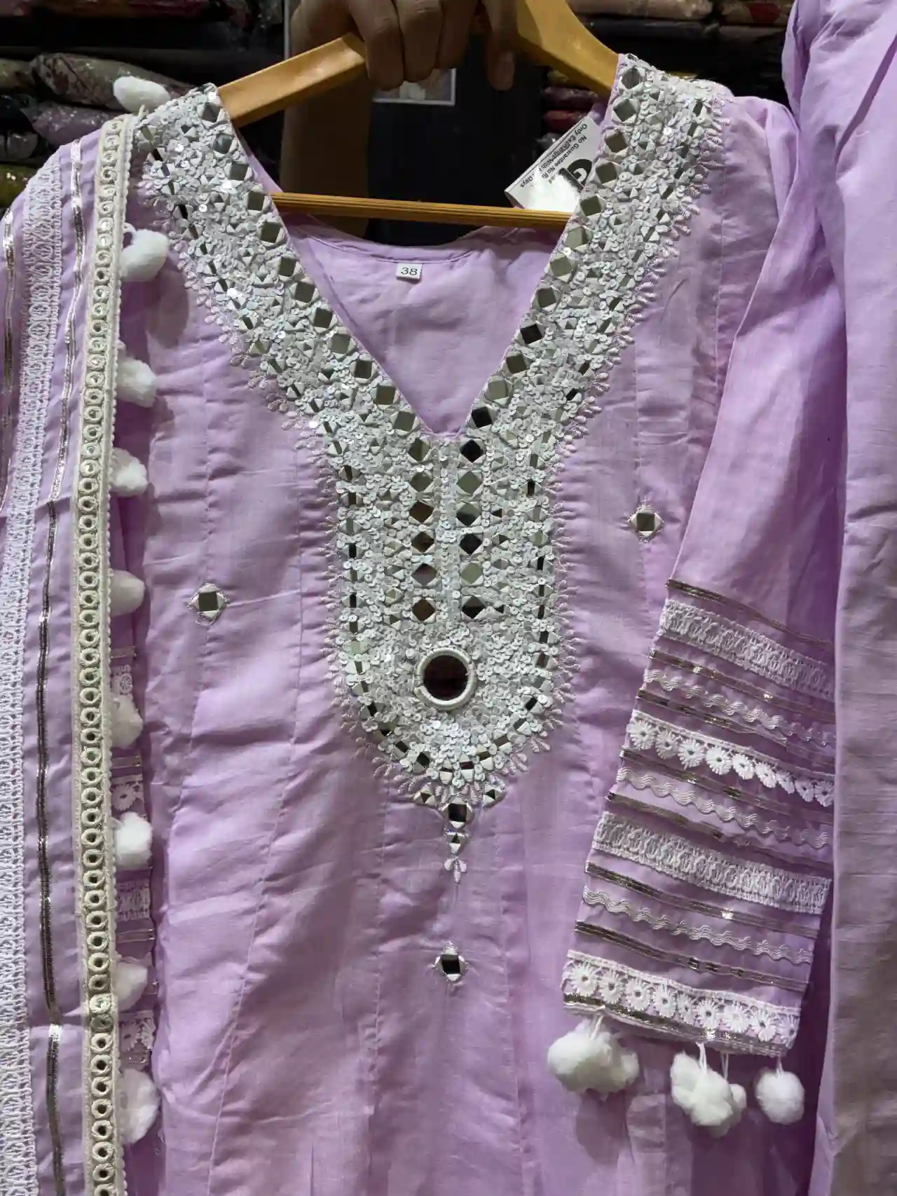 Lavender Lilac Cotton Kurta Set with Mirror Work & Pom-Pom Lace