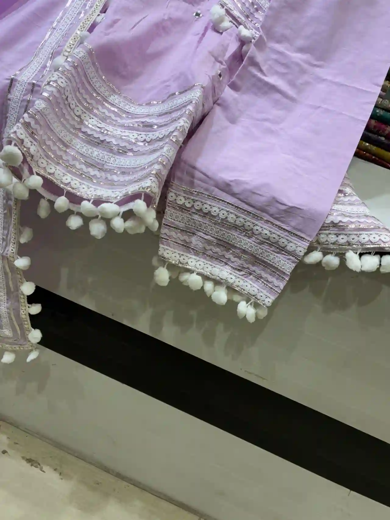 Lavender Lilac Cotton Kurta Set with Mirror Work & Pom-Pom Lace
