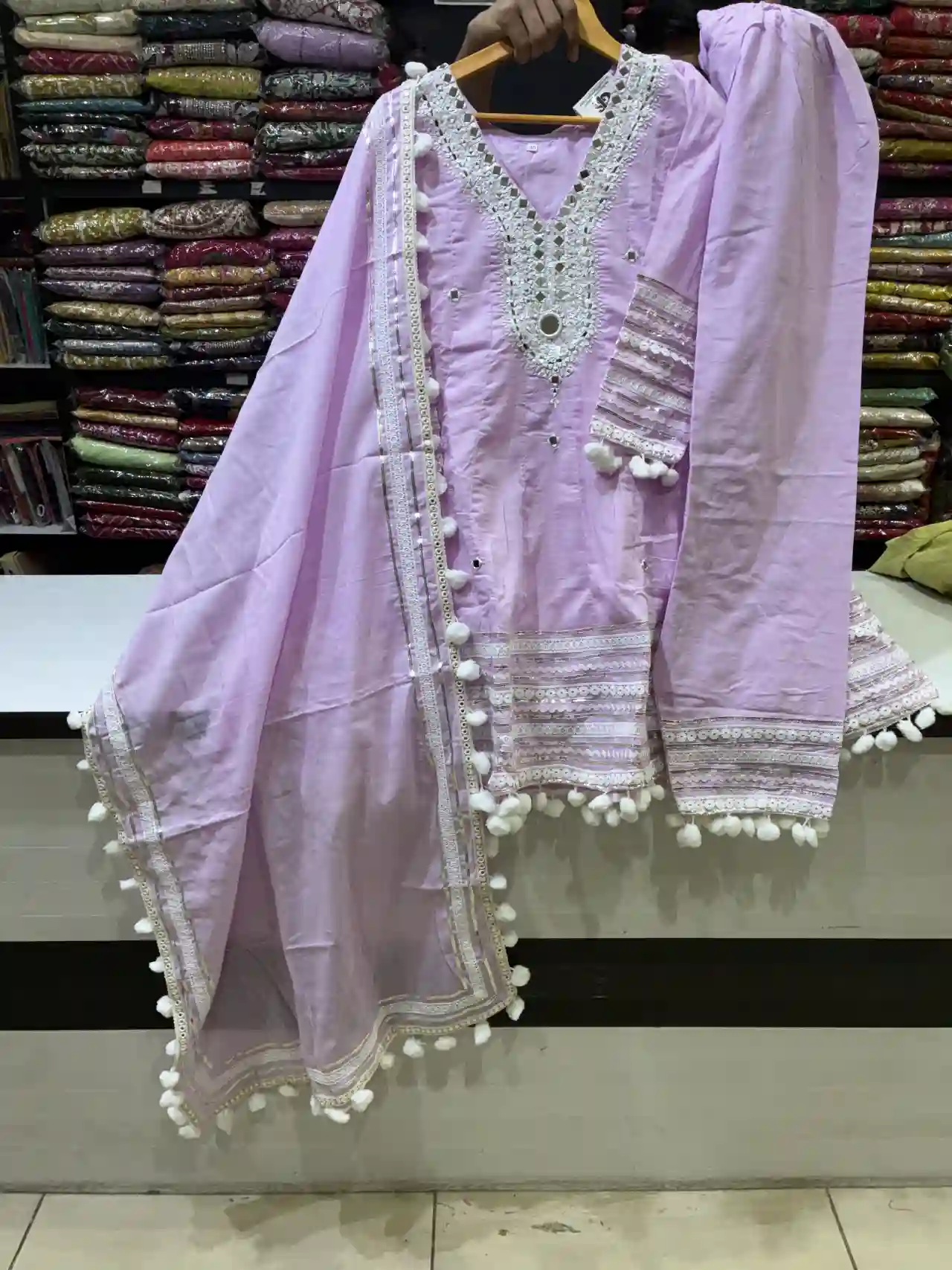 Lavender Lilac Cotton Kurta Set with Mirror Work & Pom-Pom Lace