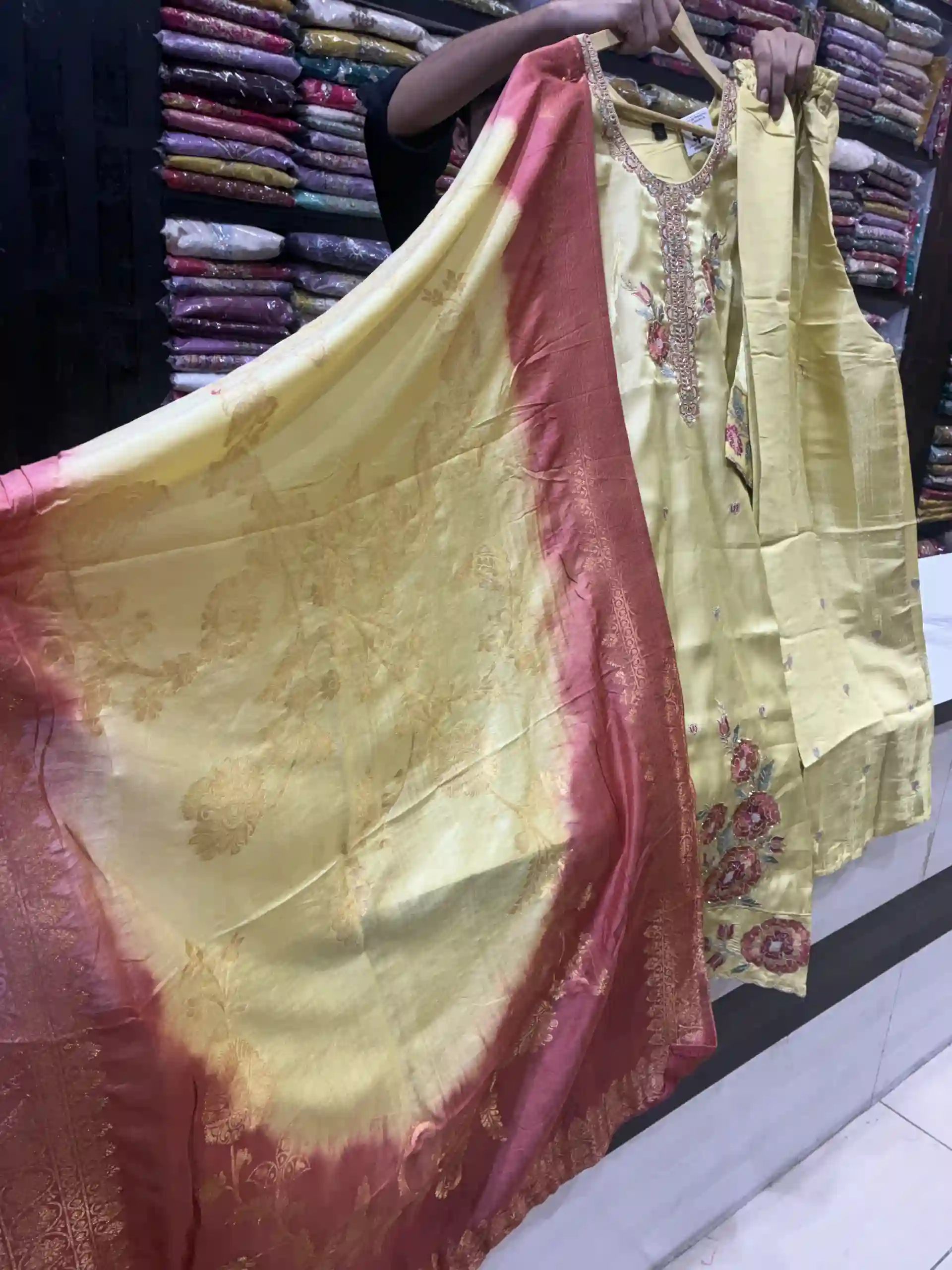 Lemon Yellow Embroidered Straight Kurta with Dual-Tone Dupatta