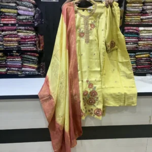 Lemon Yellow Embroidered Straight Kurta with Dual-Tone Dupatta