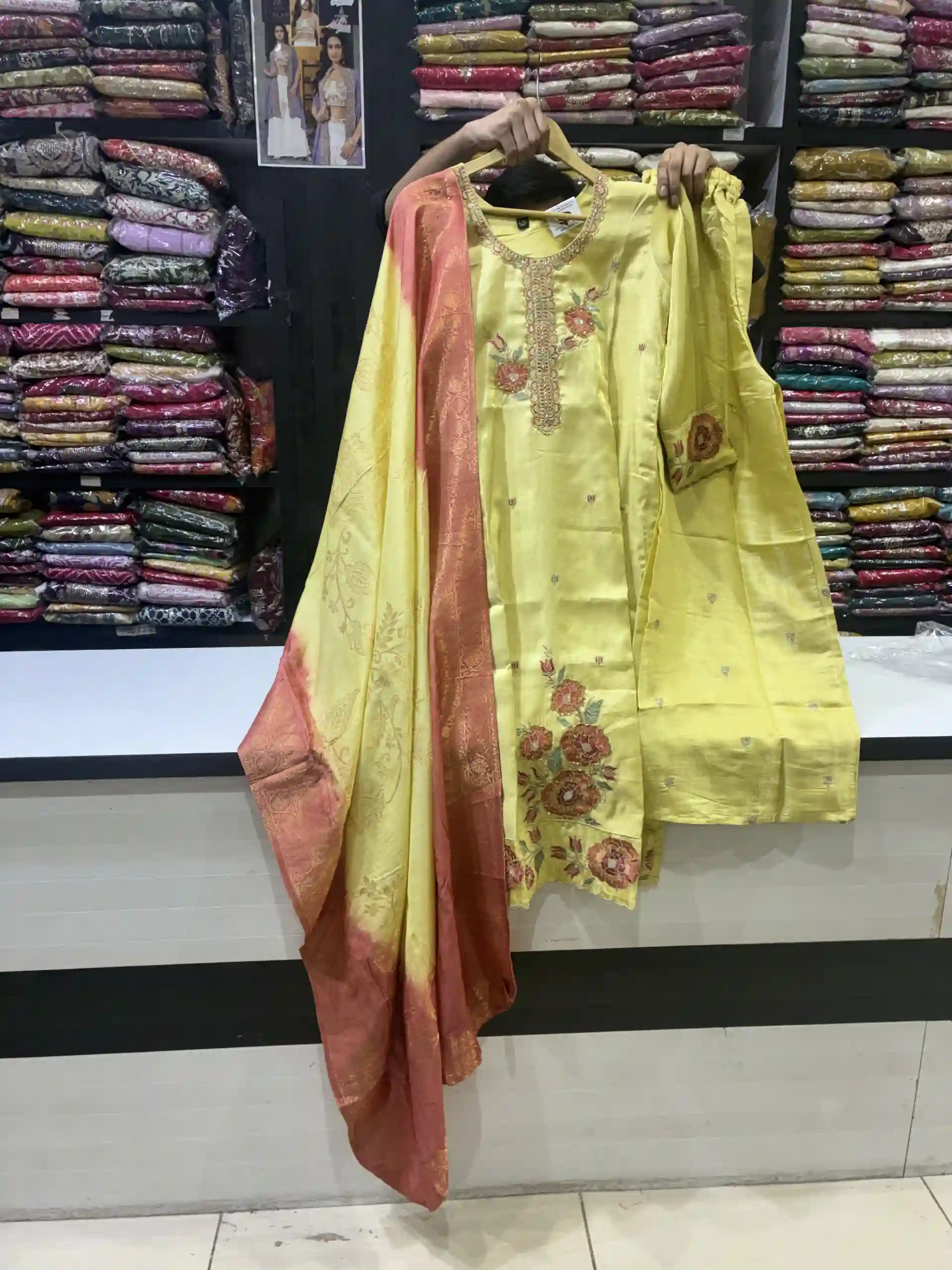 Lemon Yellow Embroidered Straight Kurta with Dual-Tone Dupatta