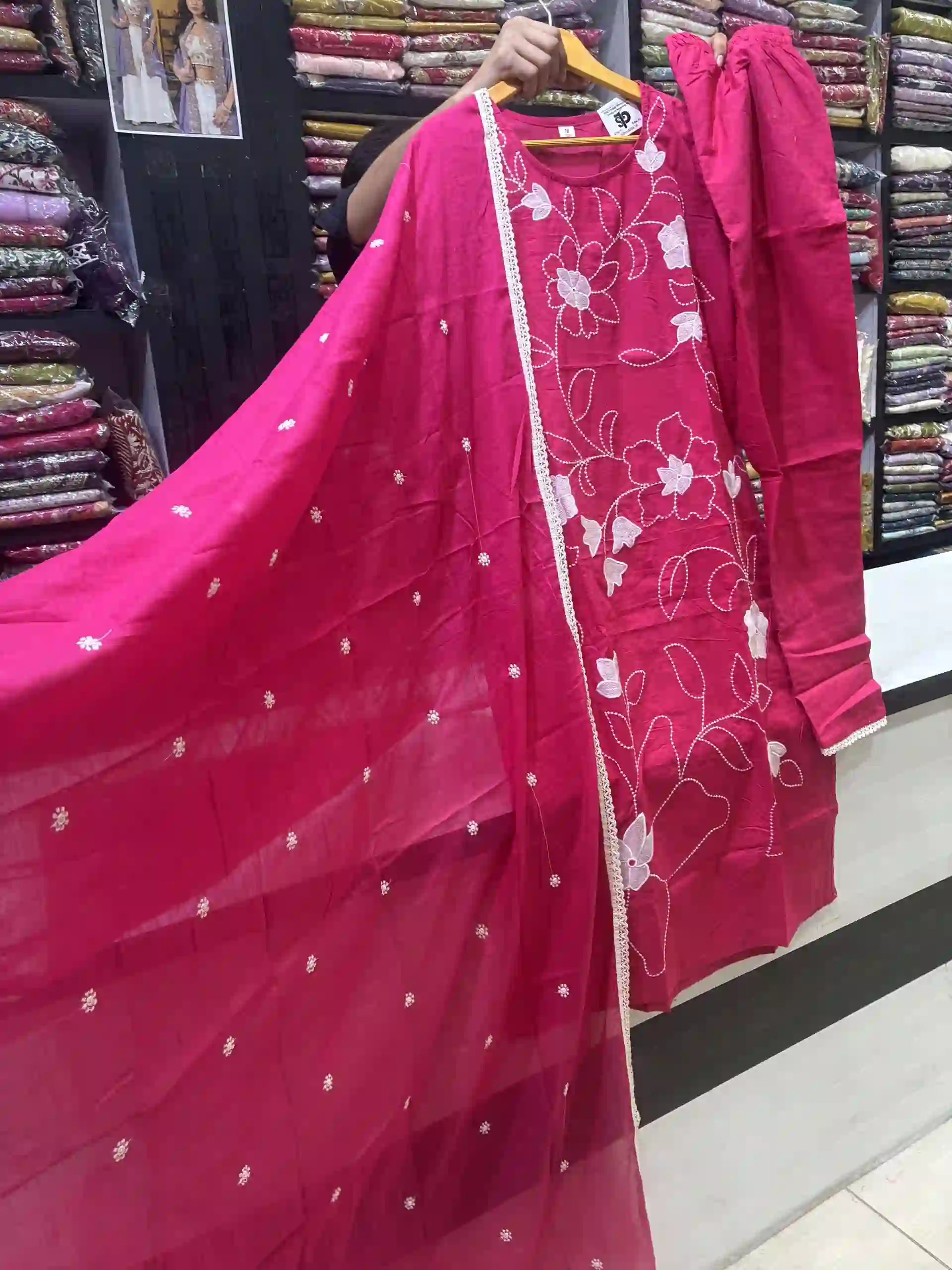 Magenta Floral Embroidered Cotton Kurta with Lace Trim