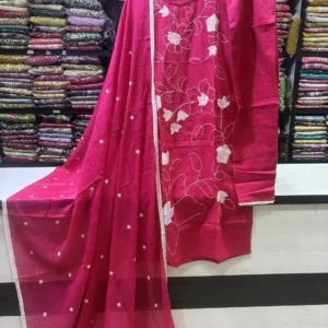 Magenta Floral Embroidered Cotton Kurta with Lace Trim