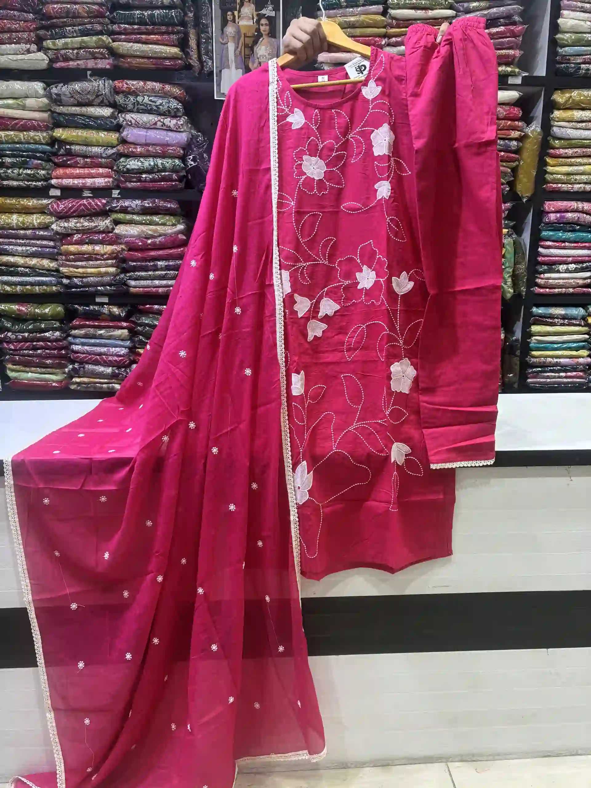 Magenta Floral Embroidered Cotton Kurta with Lace Trim