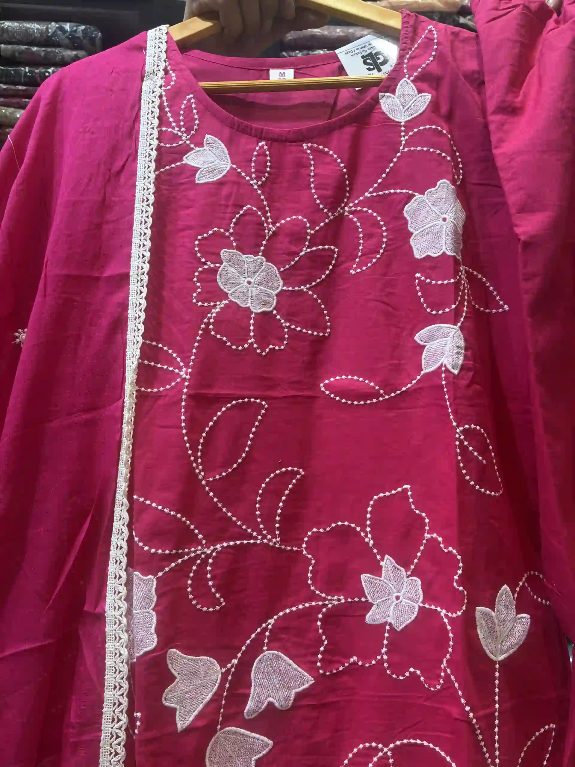 Magenta Floral Embroidered Cotton Kurta with Lace Trim