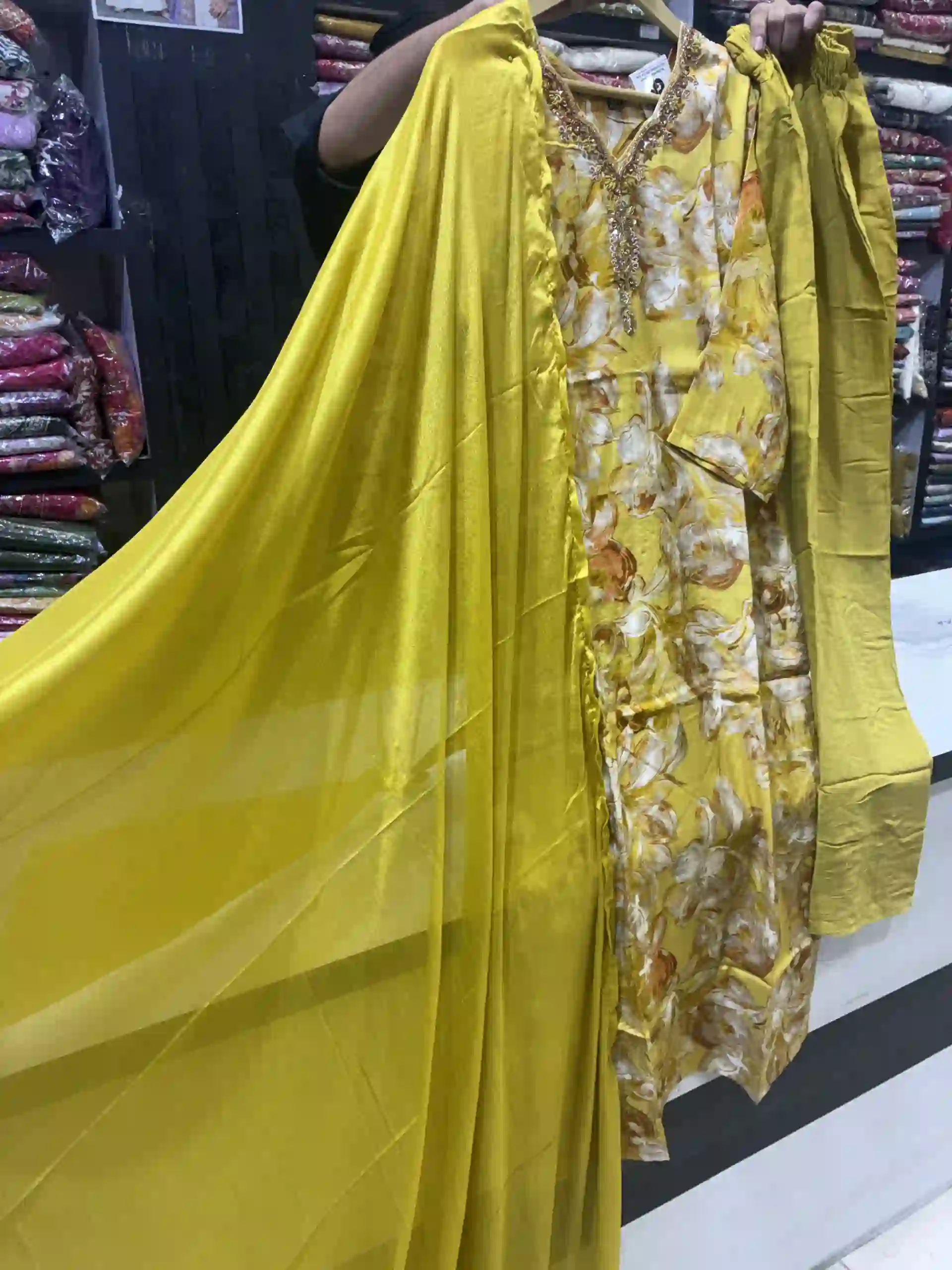 Mustard Yellow Floral Printed Silk Salwar Suit