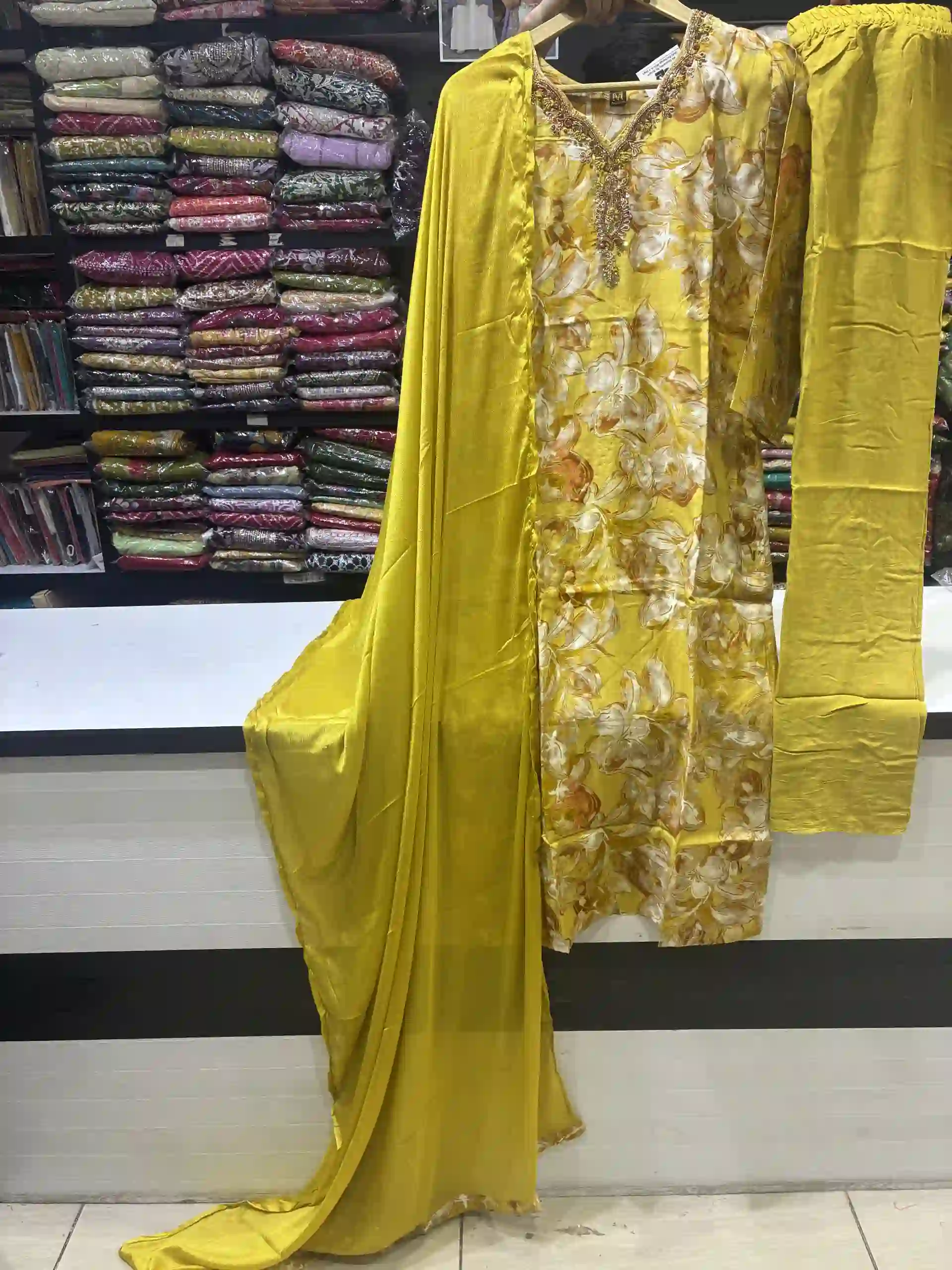 Mustard Yellow Floral Printed Silk Salwar Suit
