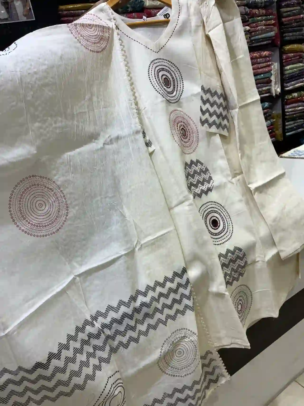 Off-White Cotton Block Printed Kurta & Dupatta Set