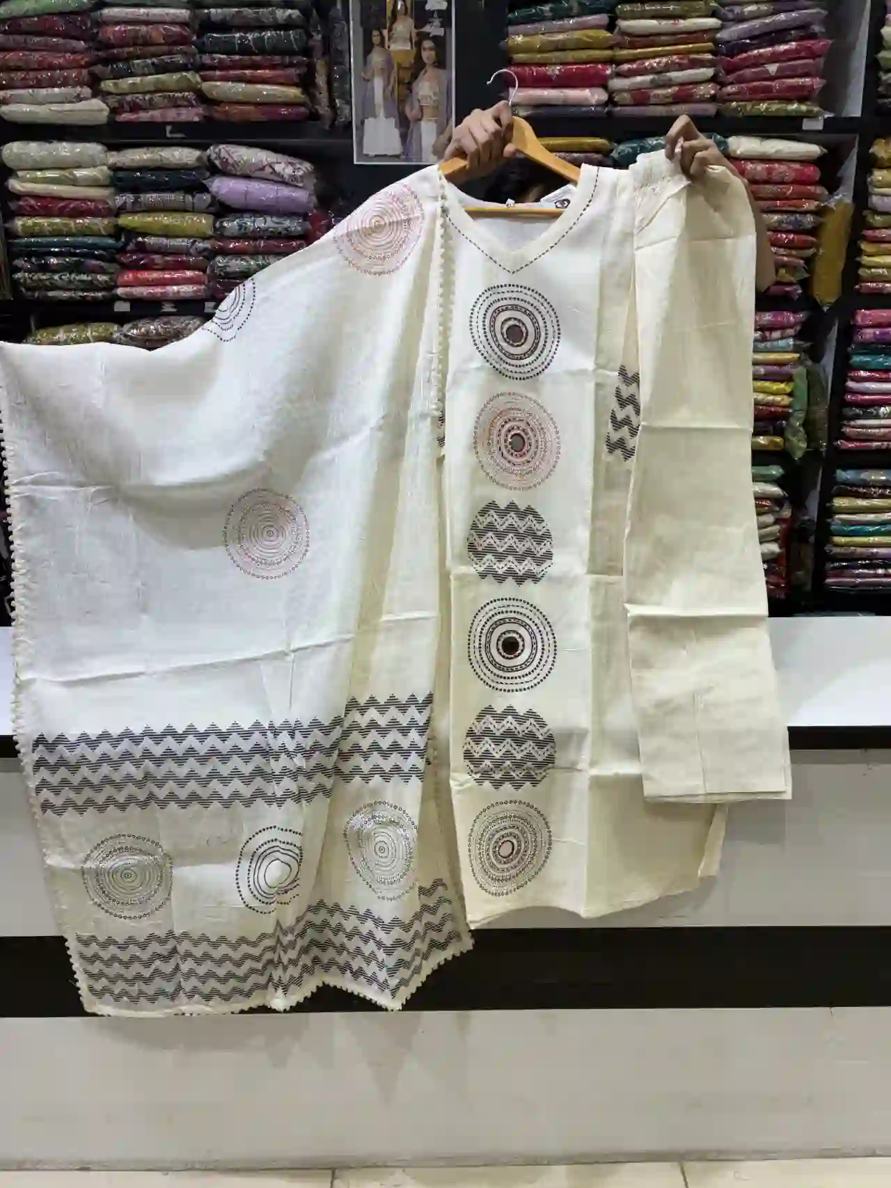 Off-White Cotton Block Printed Kurta & Dupatta Set