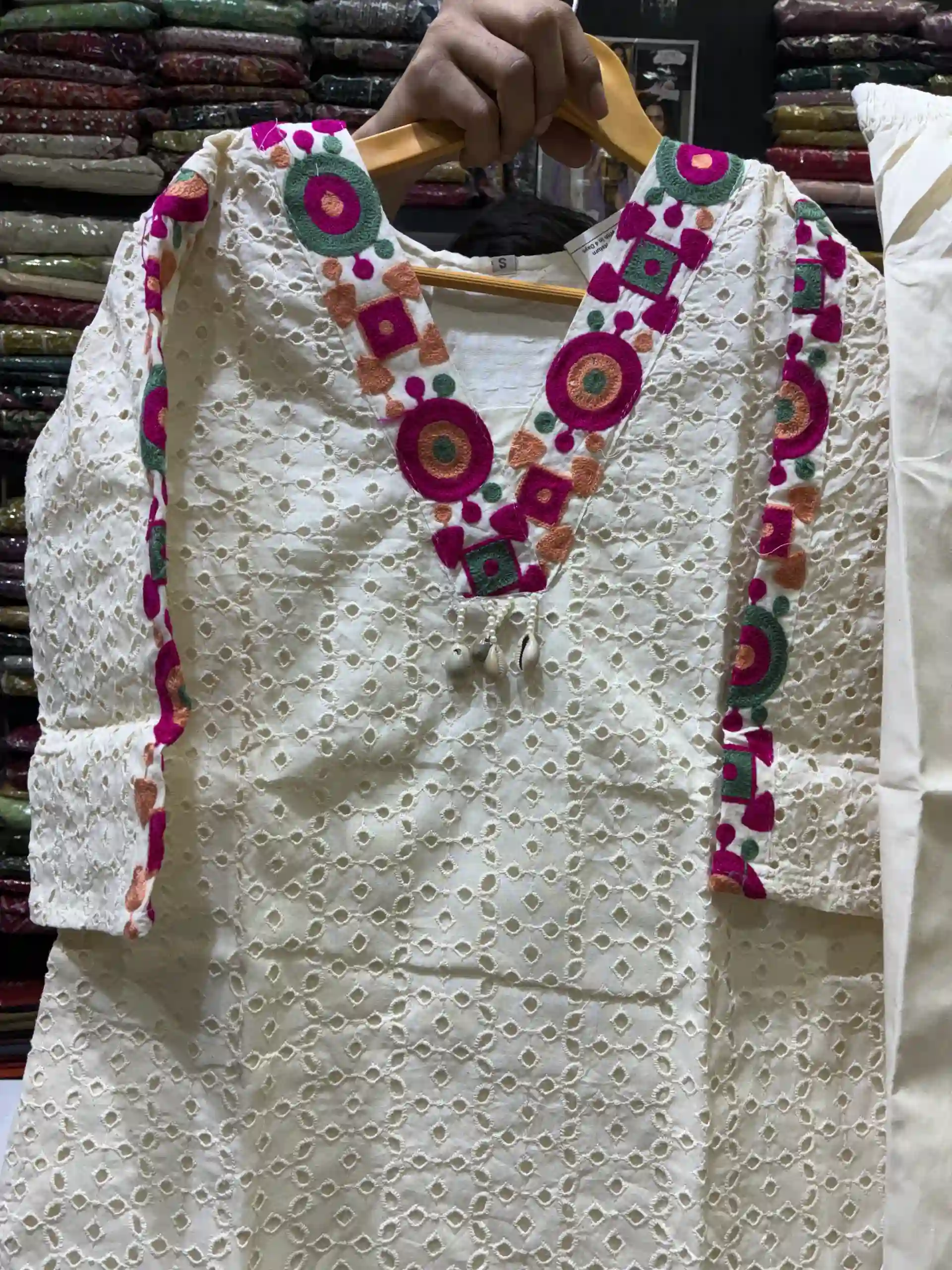 Off-White Cotton Hakoba Kurta Set with Embroidered Borders