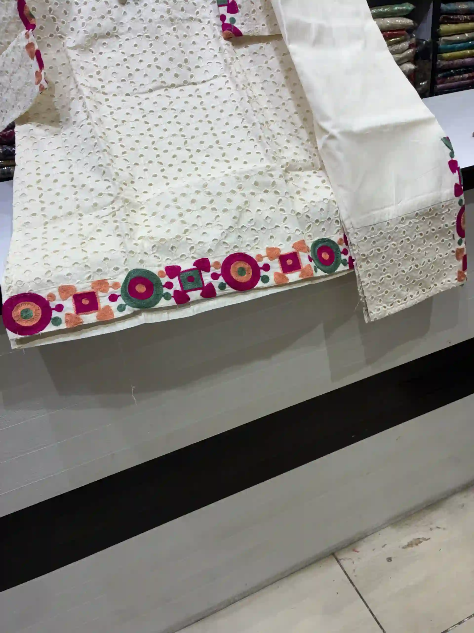 Off-White Cotton Hakoba Kurta Set with Embroidered Borders