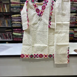 Off-White Cotton Hakoba Kurta Set with Embroidered Borders