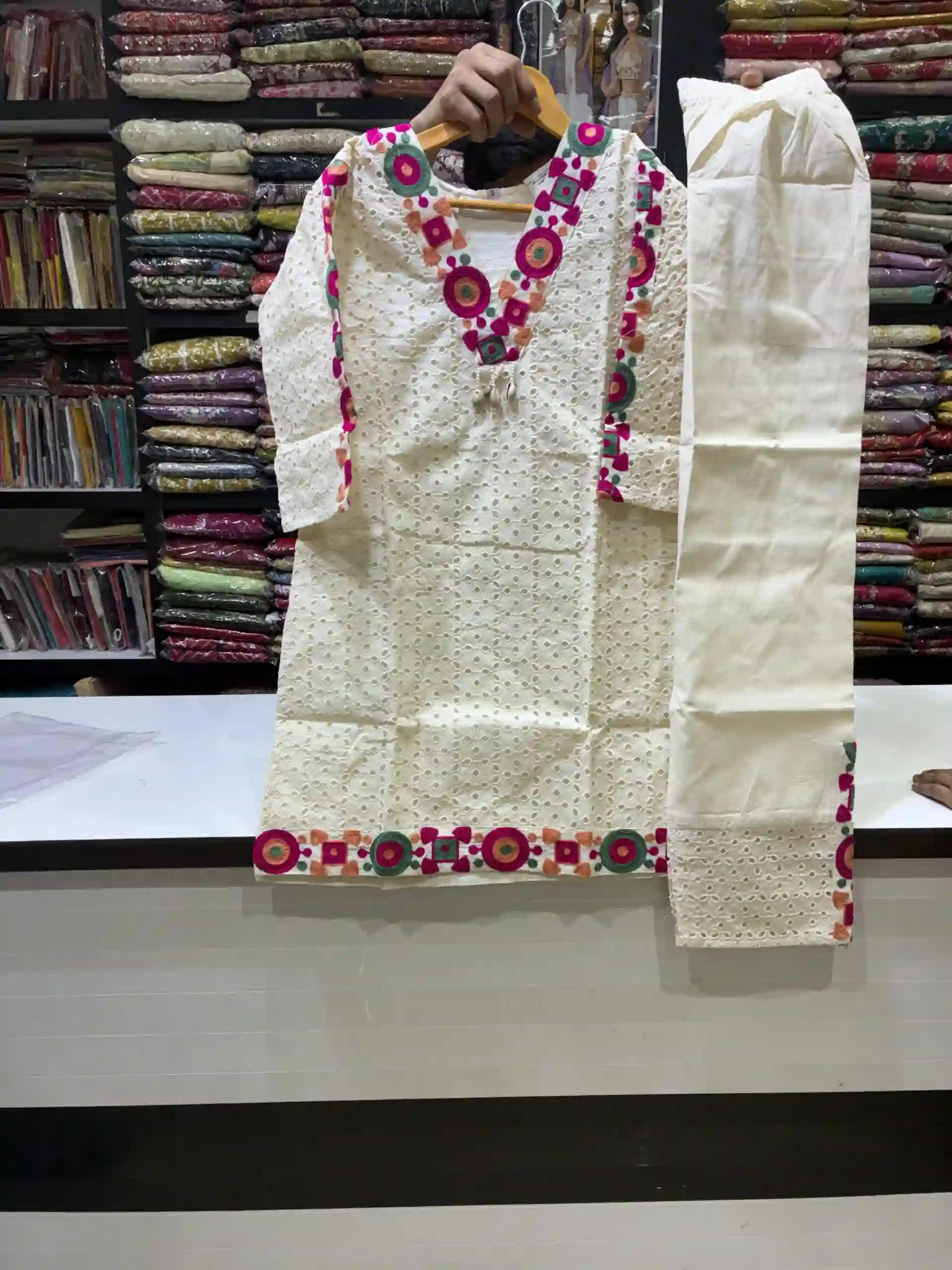 Off-White Cotton Hakoba Kurta Set with Embroidered Borders