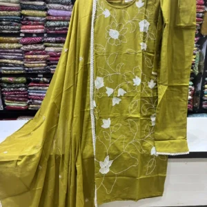 Olive Green Cotton Kurta with White Floral Embroidery