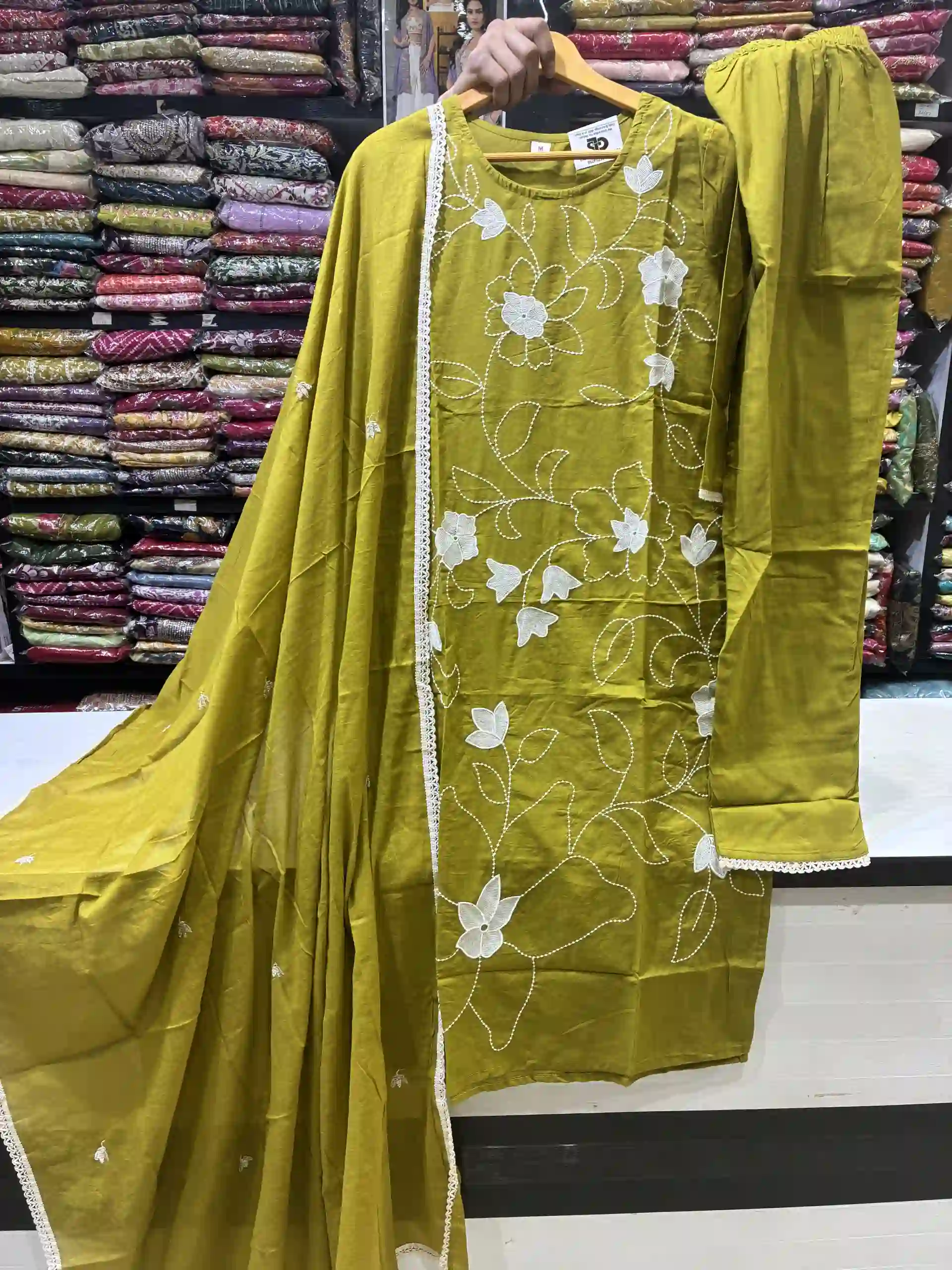 Olive Green Cotton Kurta with White Floral Embroidery