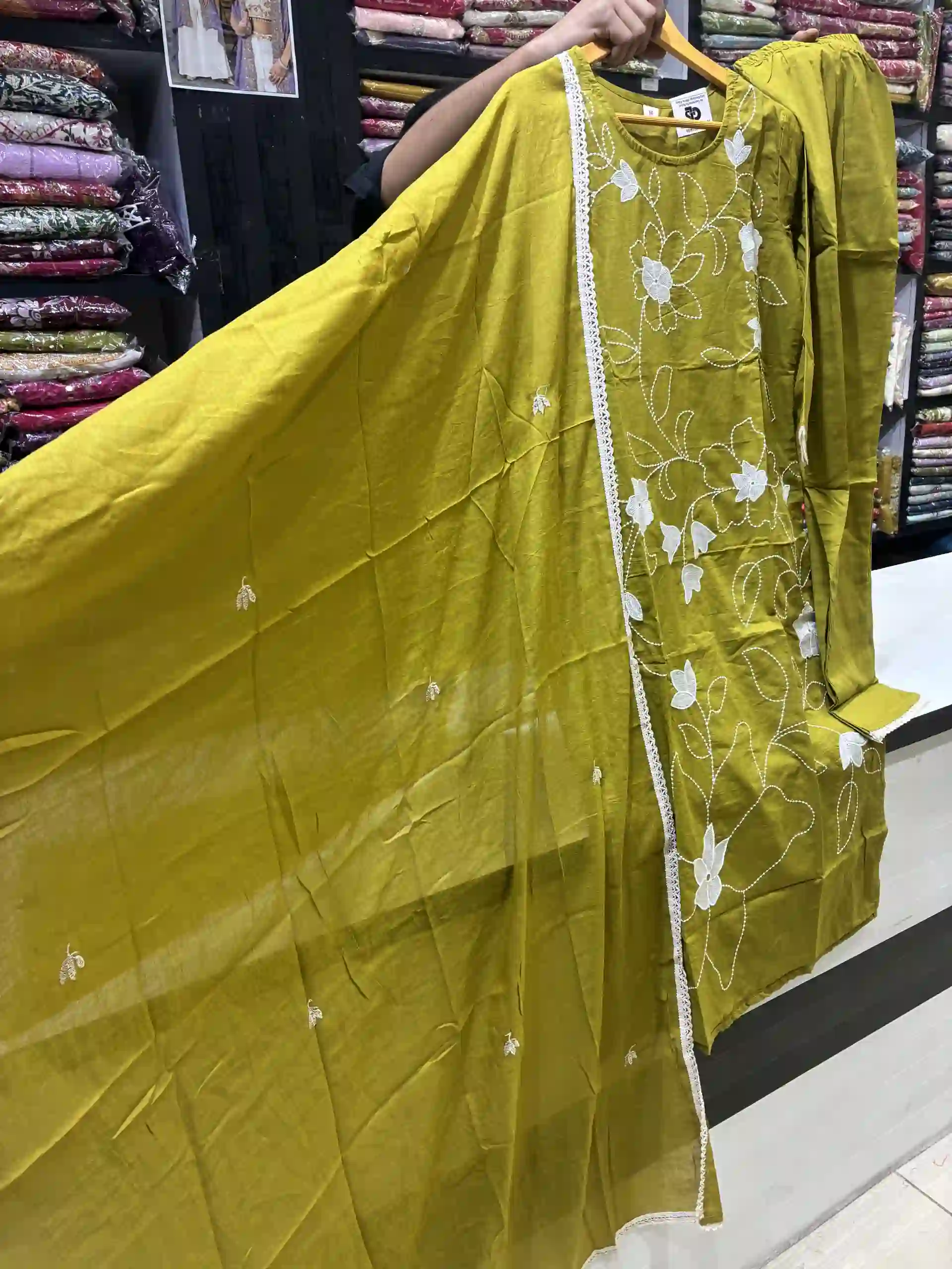 Olive Green Cotton Kurta with White Floral Embroidery