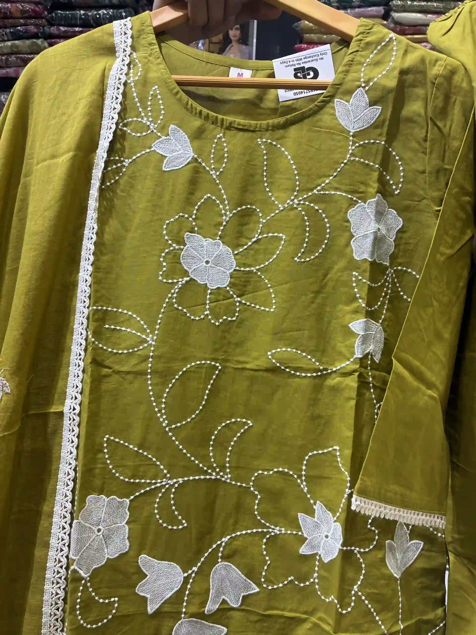 Olive Green Cotton Kurta with White Floral Embroidery