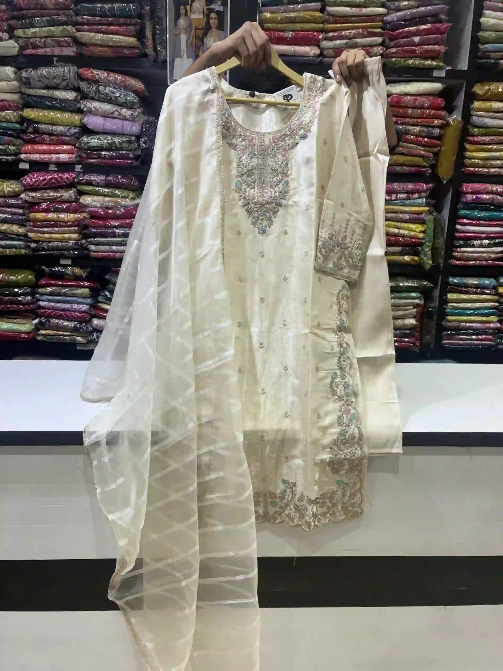 Premium Off-White Embroidered Kurta Set with Organza Dupatta-2