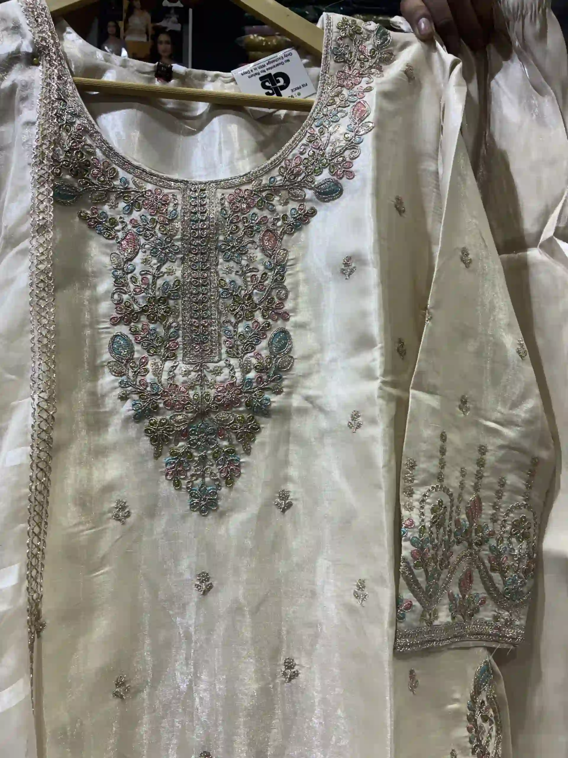 Premium Off-White Embroidered Kurta Set with Organza Dupatta