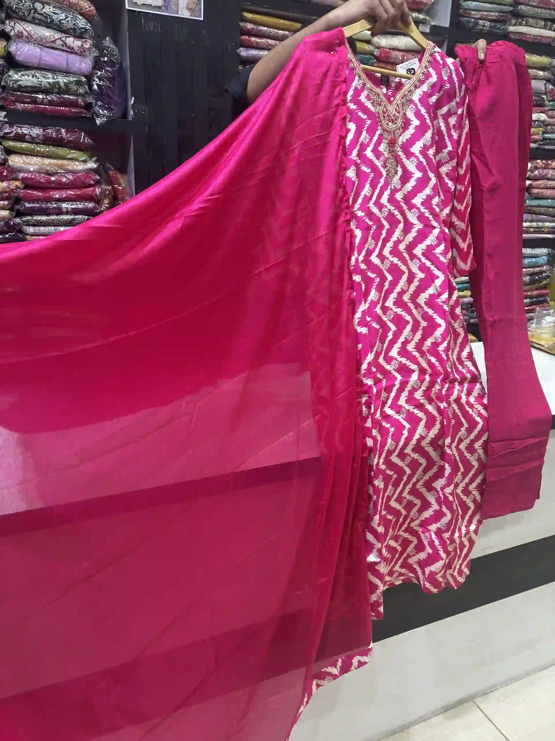 Rani Pink Chevron Embroidered Salwar Kameez Trio