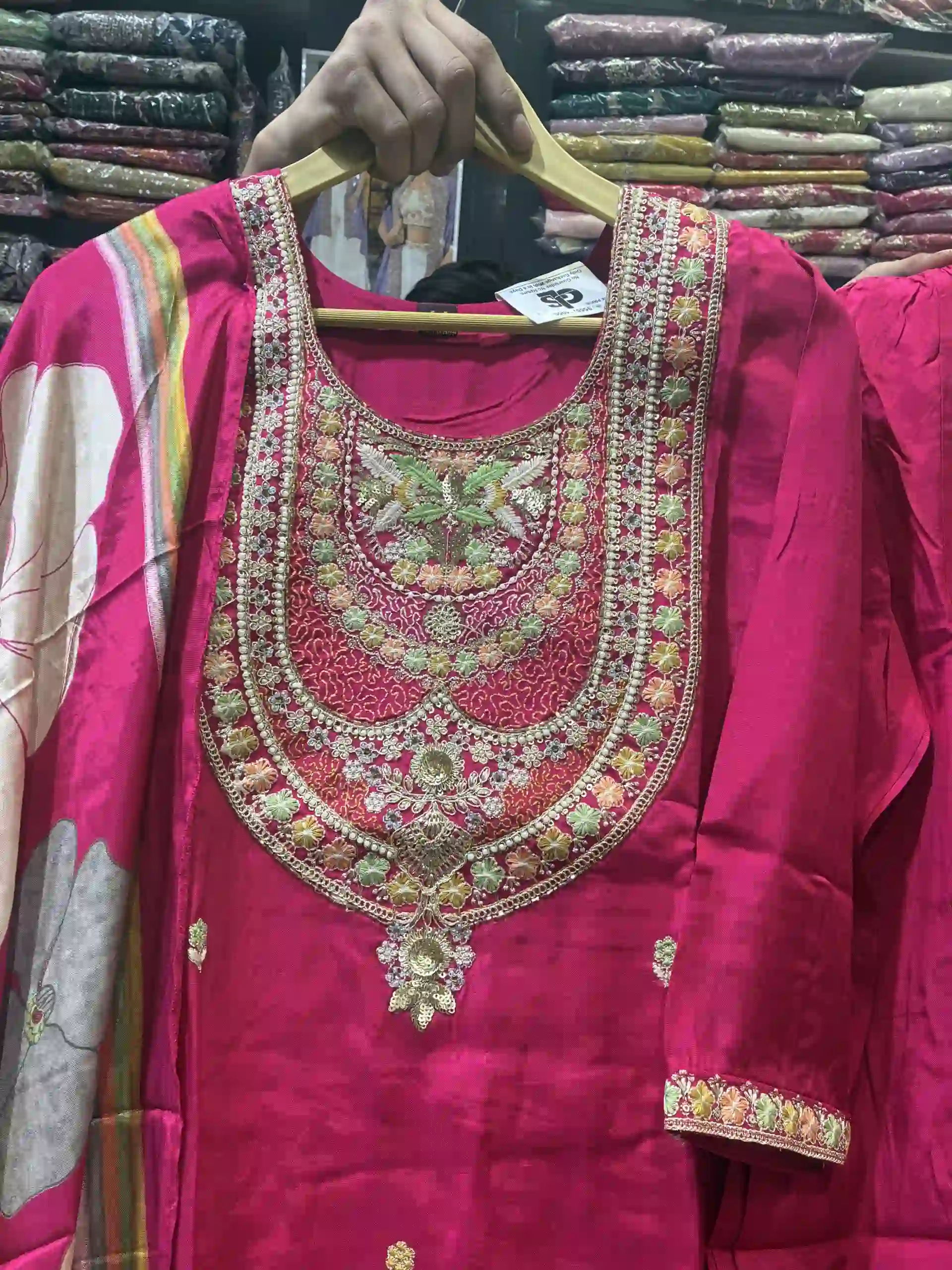 Rani Pink Silk Straight Kurta Set with Digital Print Organza Dupatta