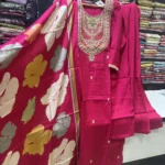 Rani Pink Silk Straight Kurta Set with Digital Print Organza Dupatta