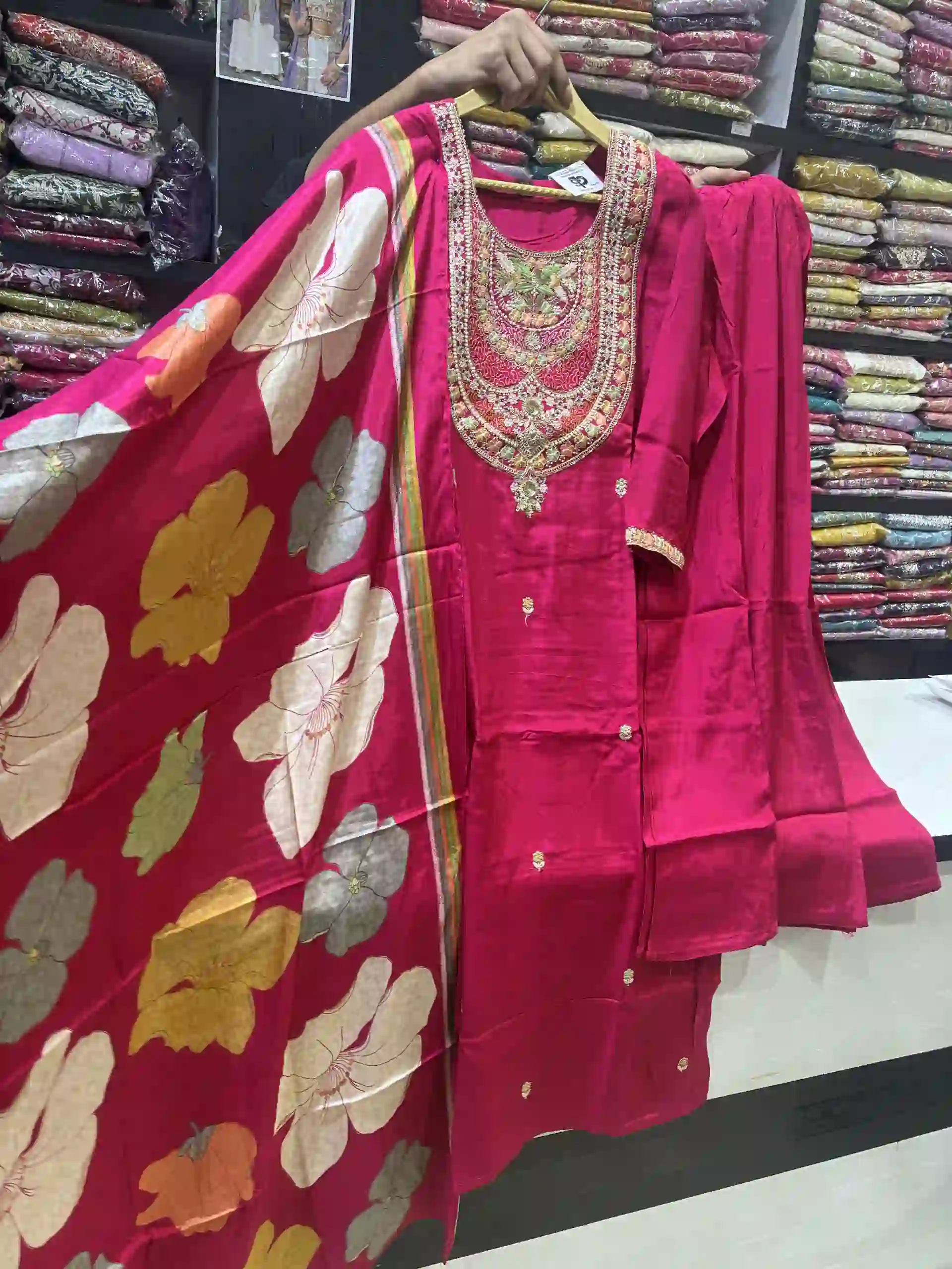 Rani Pink Silk Straight Kurta Set with Digital Print Organza Dupatta