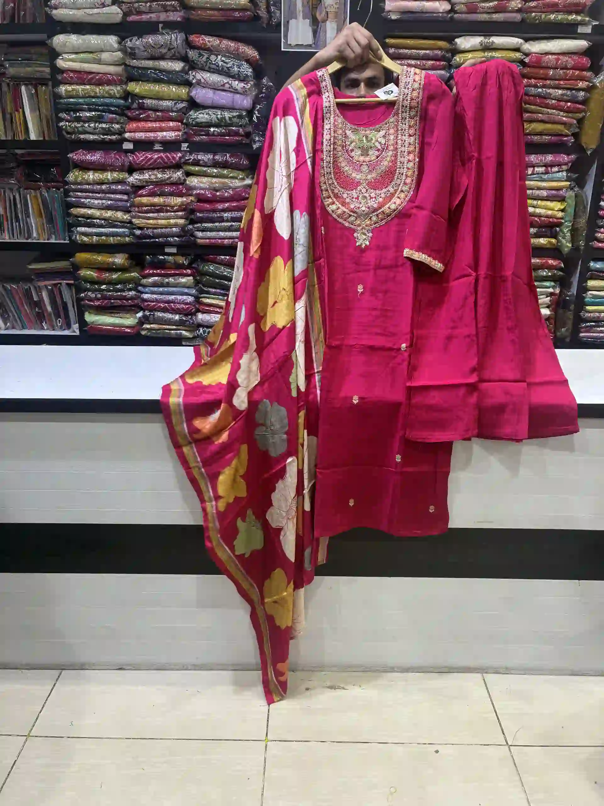 Rani Pink Silk Straight Kurta Set with Digital Print Organza Dupatta
