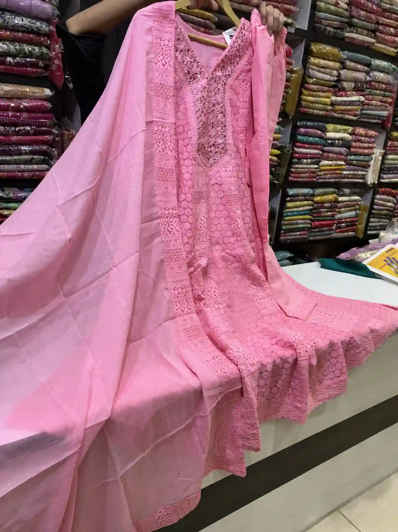 Rose Pink Embroidered Anarkali Suit Set with Mirror Neck Detail