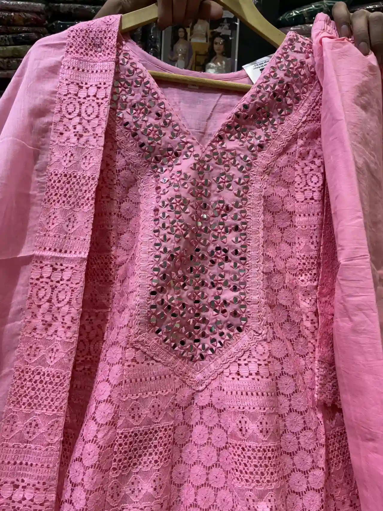 Rose Pink Embroidered Anarkali Suit Set with Mirror Neck Detail