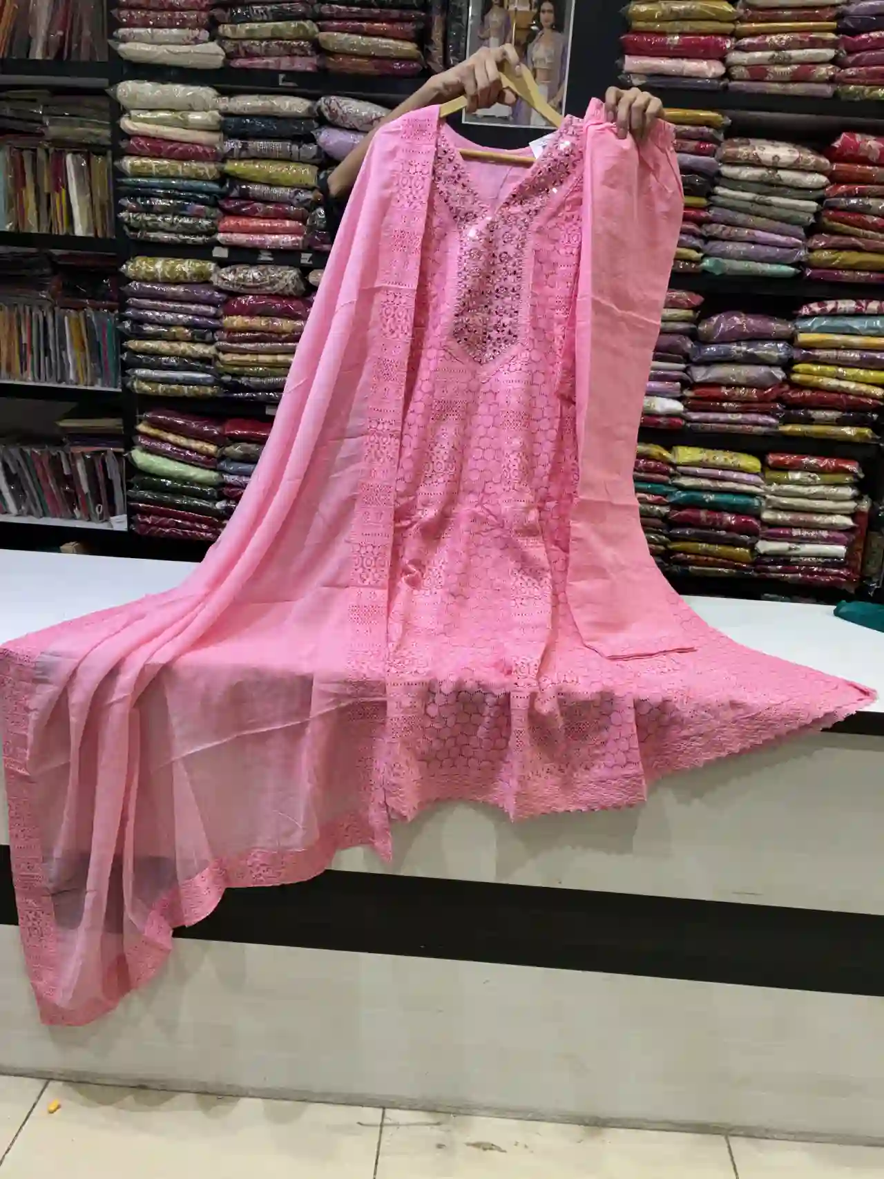 Rose Pink Embroidered Anarkali Suit Set with Mirror Neck Detail