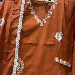 Rust Orange Embroidered Cotton Salwar Kameez Set