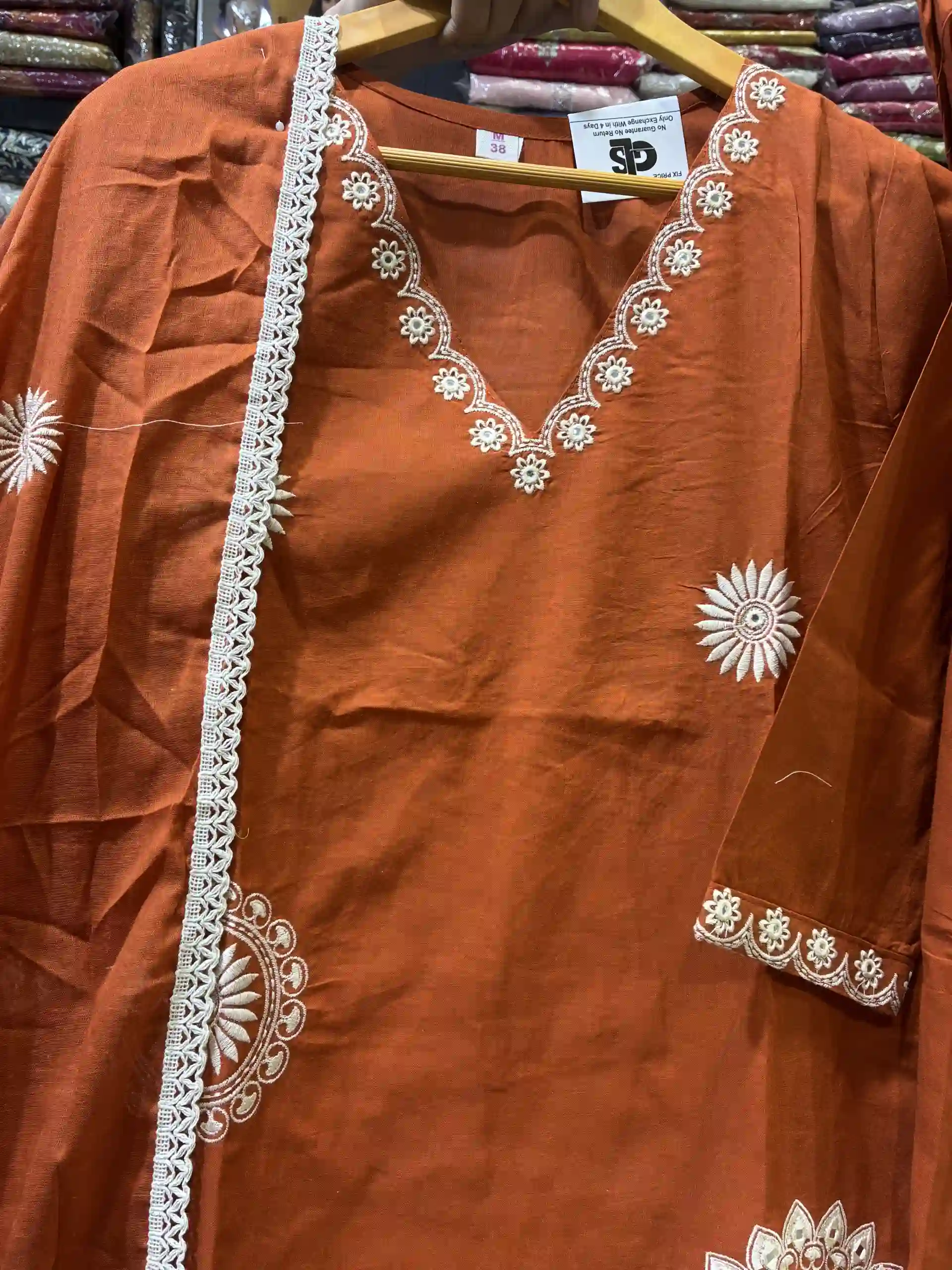 Rust Orange Embroidered Cotton Salwar Kameez Set