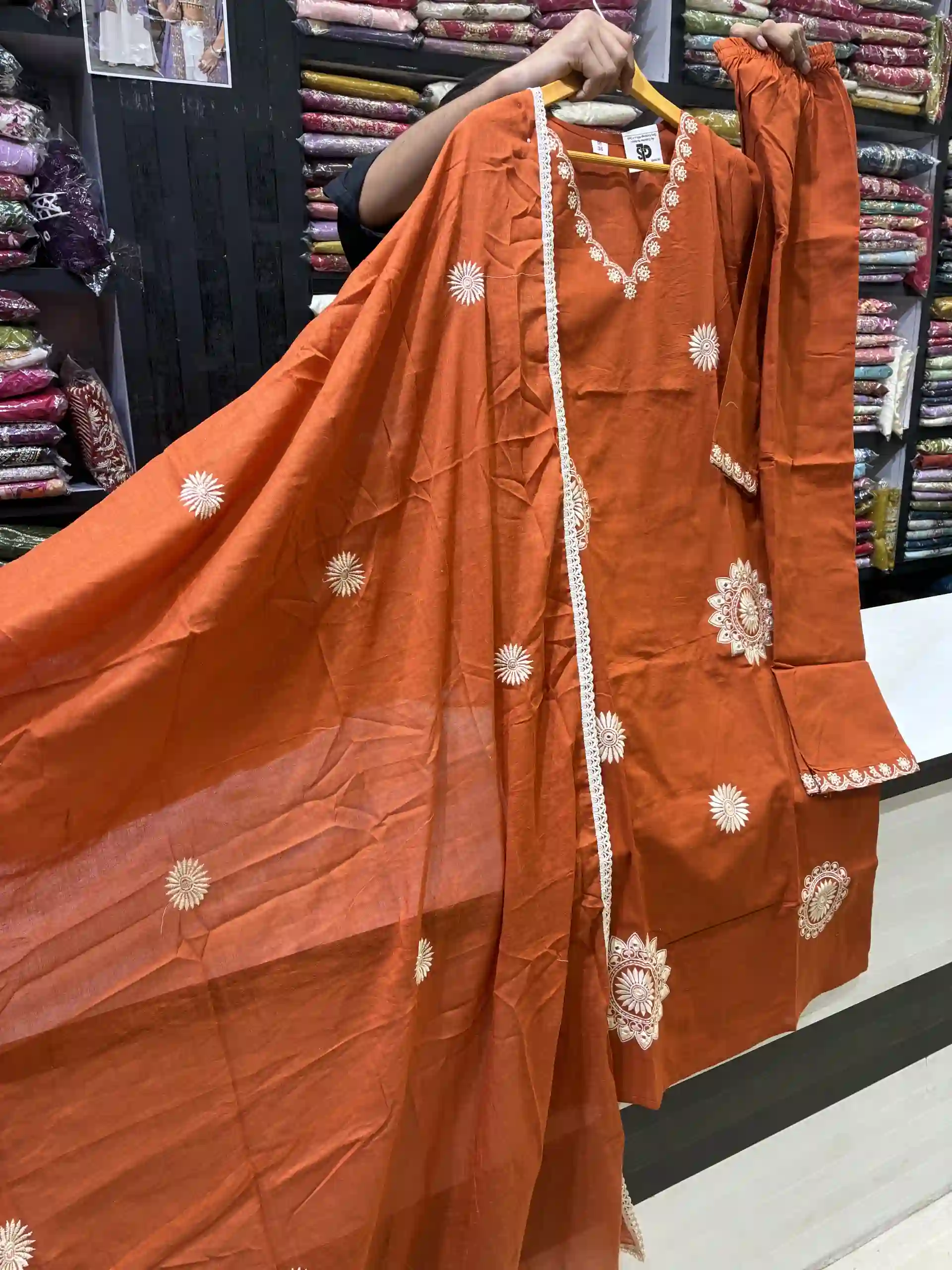 Rust Orange Embroidered Cotton Salwar Kameez Set