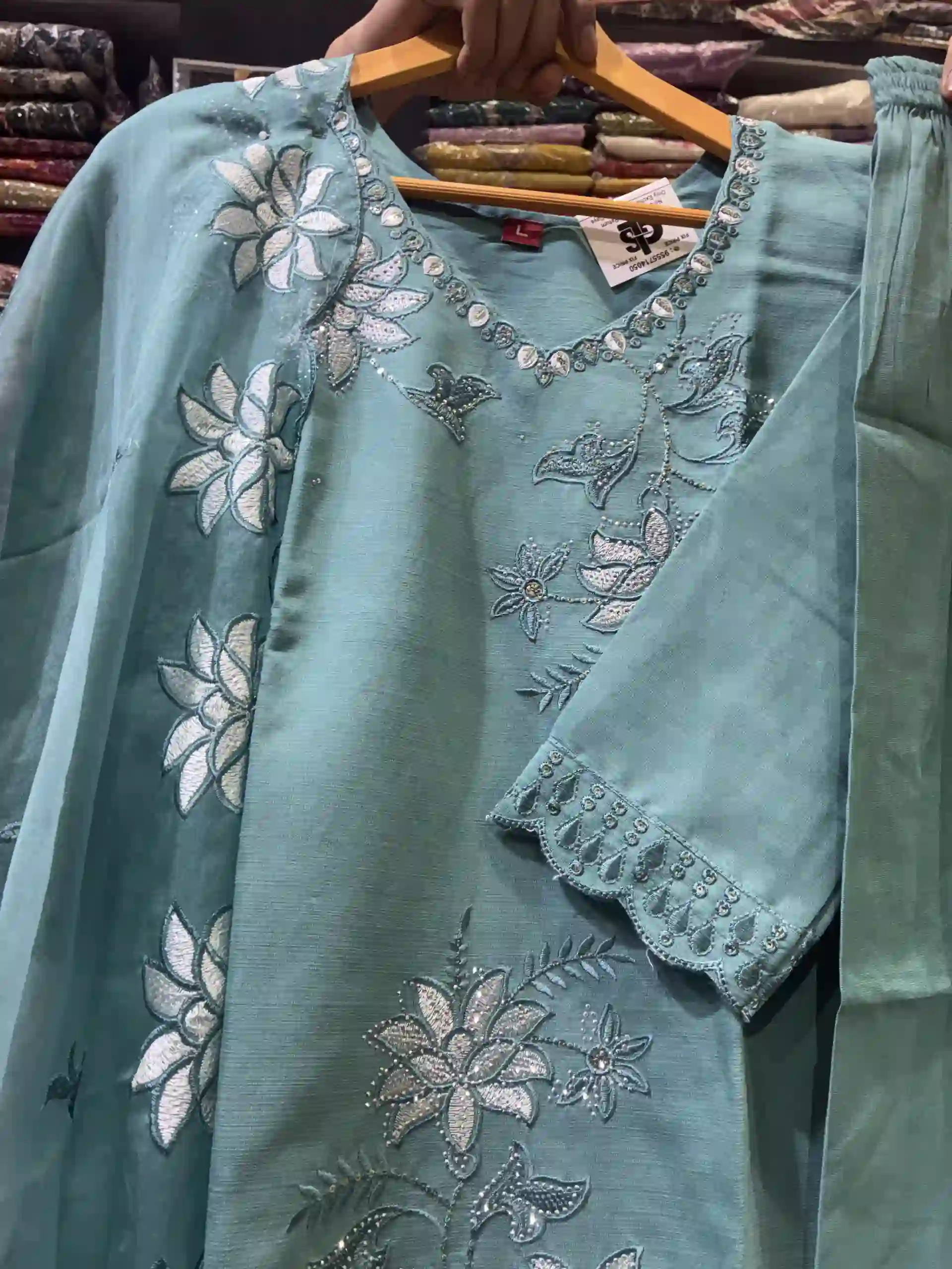 Seafoam Green Organza-Detailed 3-Piece Salwar Suit-1