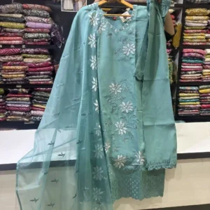 Seafoam Green Organza-Detailed 3-Piece Salwar Suit