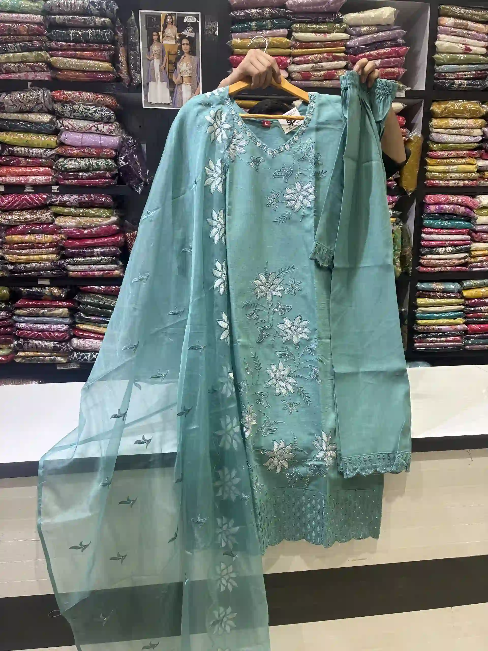Seafoam Green Organza-Detailed 3-Piece Salwar Suit