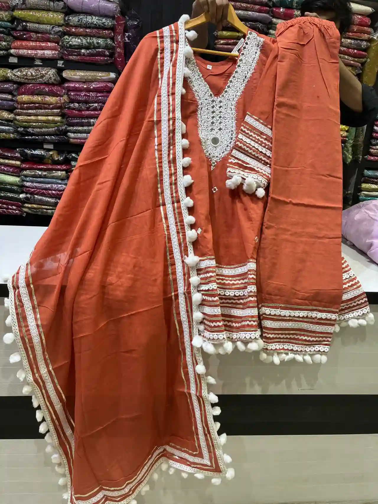 Terracotta Rust Embroidered Tunic with Gota-Patti Lace